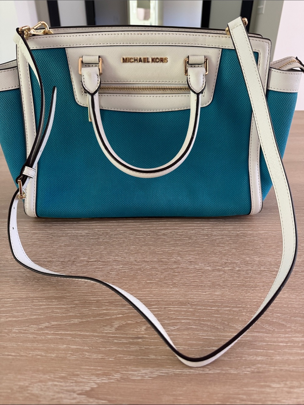 Michael Kors Teal and Cream Satchel with Gold Hardware